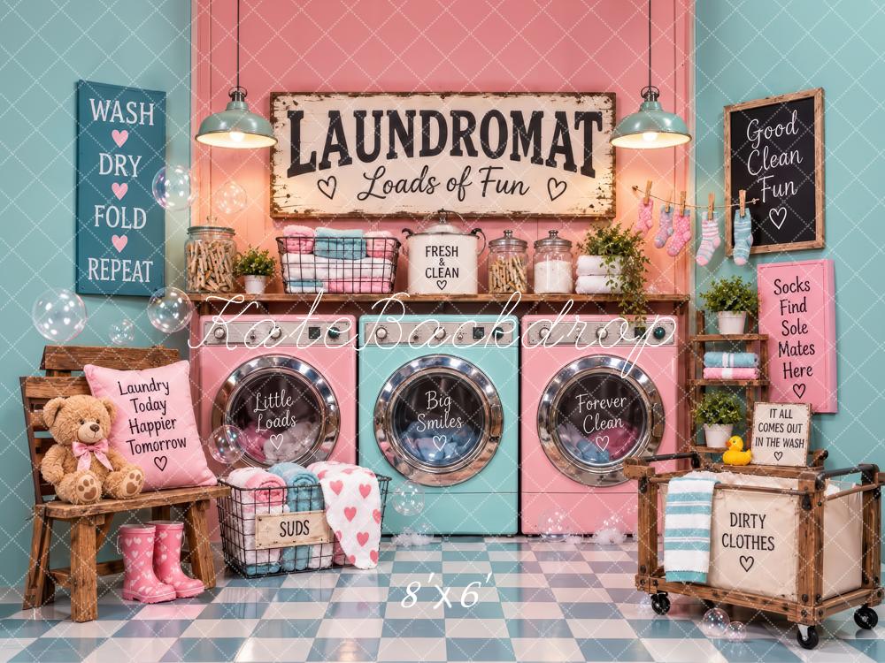 Kate Retro Pink Laundromat Washing Machines Printed Backdrop Designed by Laura Bybee