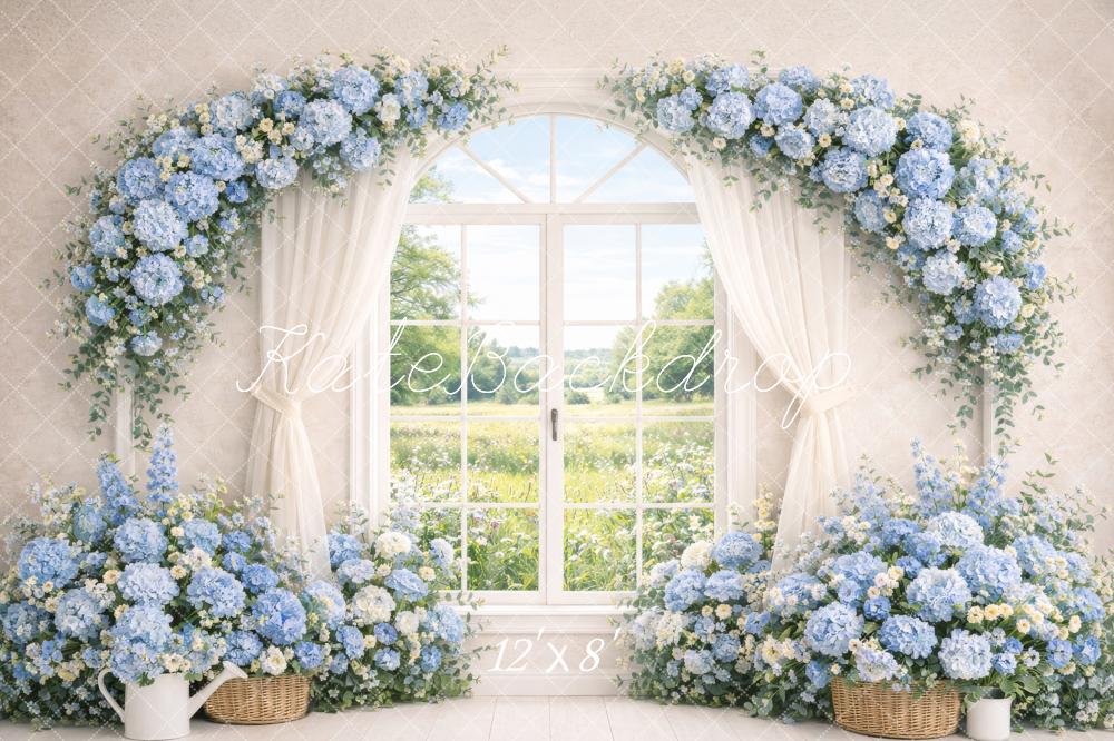 Kate Spring Flower Arch Blue Hydrangea Window Curtains Backdrop Designed by Megan Leigh Photography