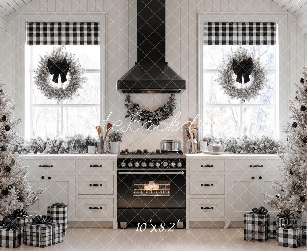 Kate Christmas Kitchen Black White Trees Wreaths Gifts Backdrop Designed by Ashley Paul