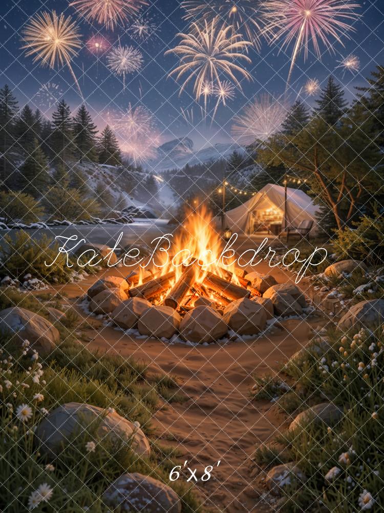 Kate Winter Fireworks Campfire Tent Mountain Camping Printed Backdrop Designed by Emetselch