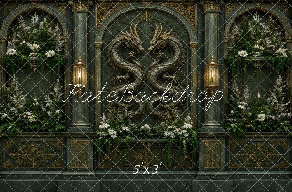 Kate Fantasy Dragon Gothic Arch Dark Green Wall Printed Backdrop Designed by Vertigo Productions