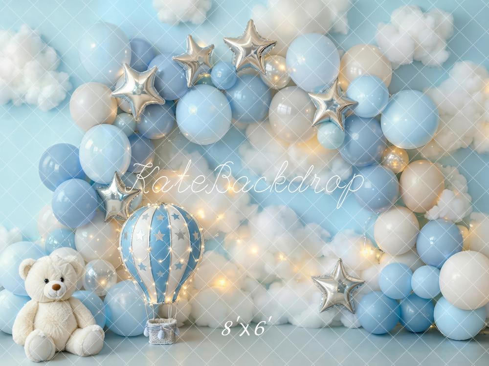 Kate Cake Smash Blue Balloon Arch Hot Air Balloon Teddy Bear Stars Printed Backdrop Designed by Emetselch