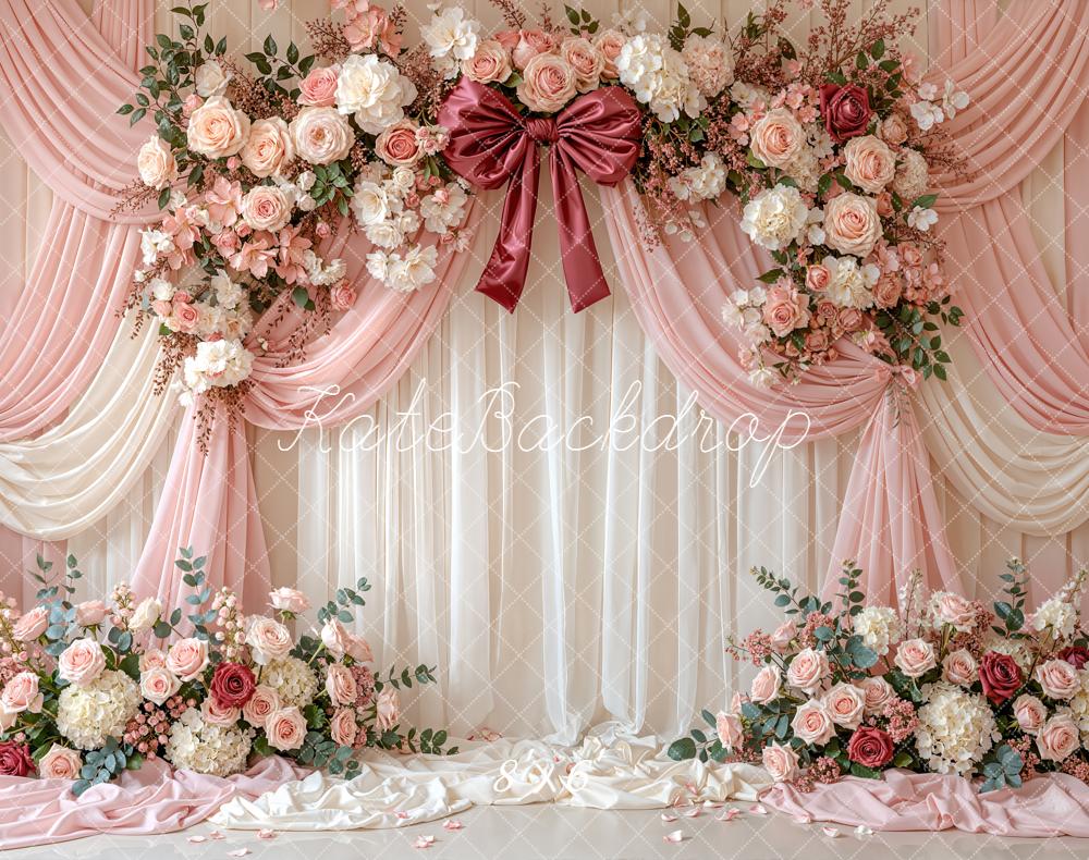 Kate Mother's Day Flower Arch Pink Drapes Roses Bow Printed Backdrop Designed by Emetselch