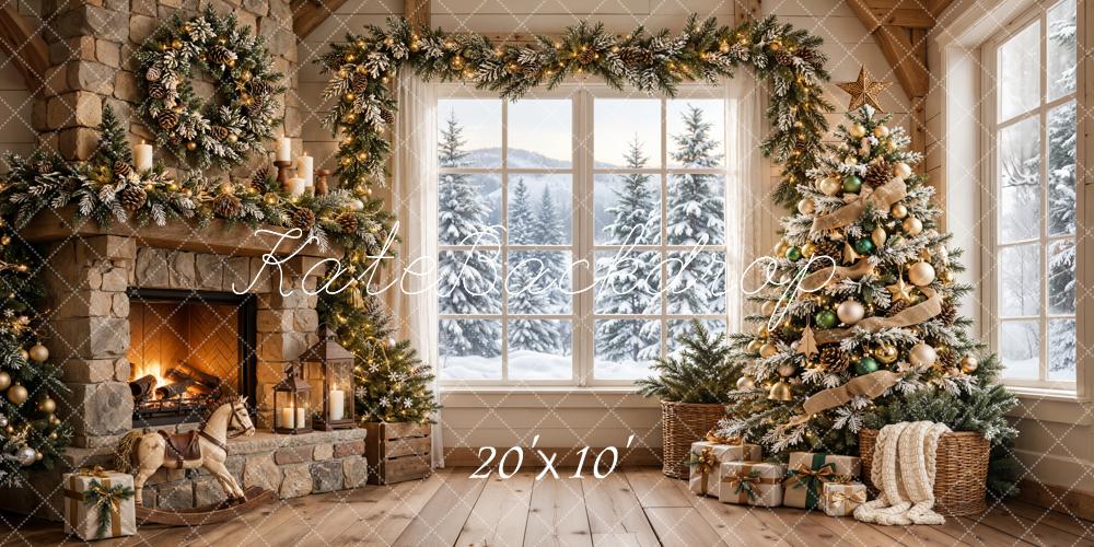 Kate Christmas Fireplace Rustic Stone Christmas Tree Snowy Window Printed Backdrop Designed by Emetselch