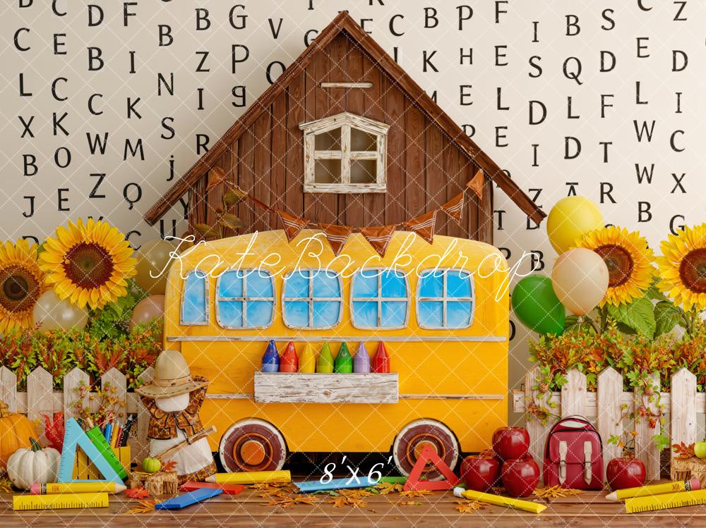 Kate Back to School Yellow Bus Sunflowers Alphabet Barn Backdrop Designed by Emetselch