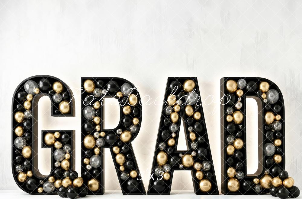 Kate Graduation Black Gold Silver Balloons Printed Backdrop Designed by Patty Roberts