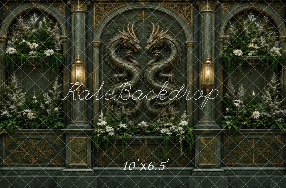 Kate Fantasy Dragon Gothic Arch Dark Green Wall Printed Backdrop Designed by Vertigo Productions