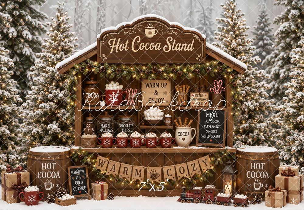 Kate Christmas Hot Cocoa Stand Snowy Forest Printed Backdrop Designed by Emetselch