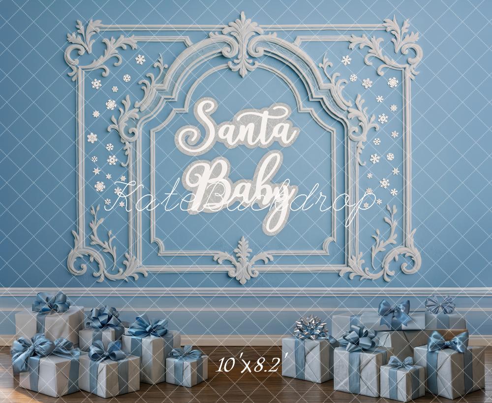 Kate Christmas Blue Santa Baby Ornate Frame Gifts Backdrop Designed by Mini MakeBelieve