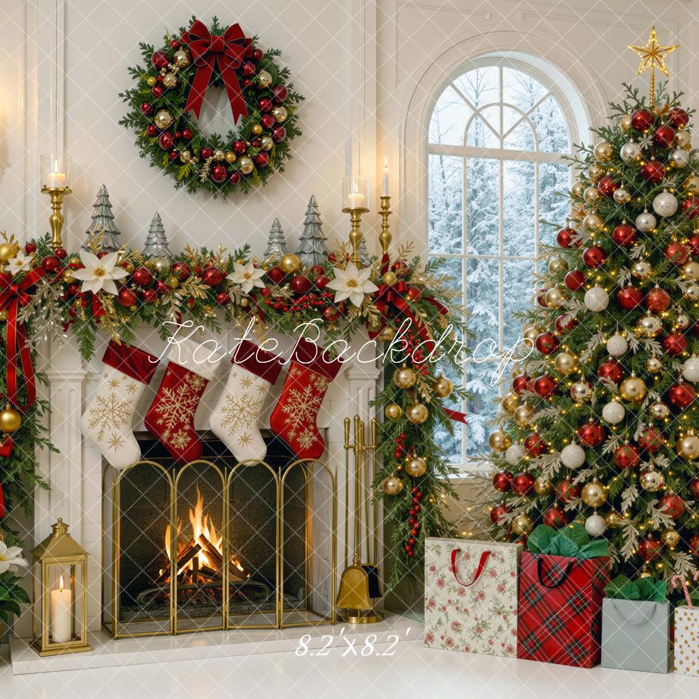 Kate Christmas Fireplace Tree Wreath Garland Gift Bags Printed Backdrop Designed by Mini MakeBelieve