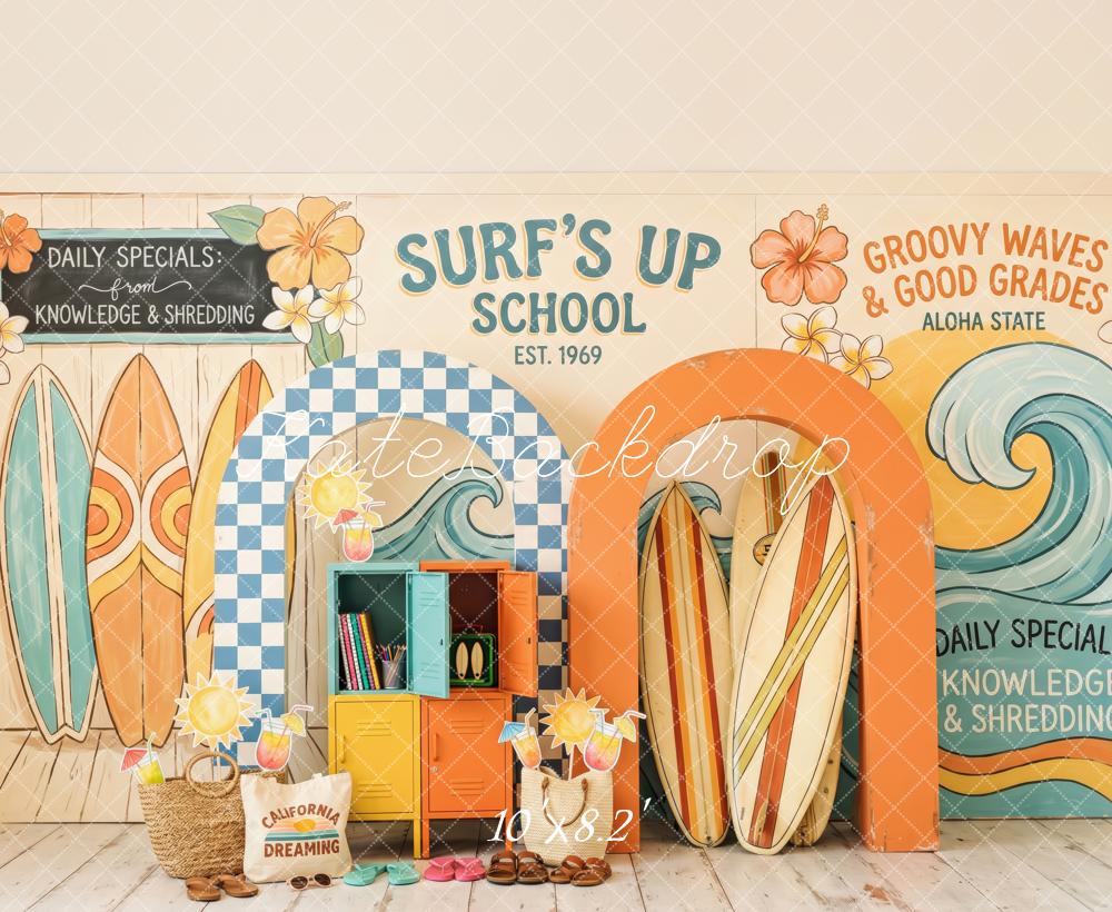 Kate Summer Surf’s Up School Surfboards Wave Arches Printed Backdrop Designed by Patty Roberts