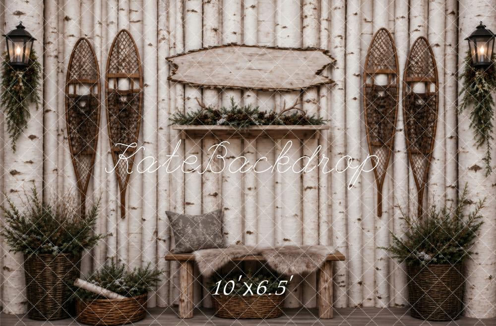 Kate Birch Log Wall Rustic Bench Snowshoes Printed Backdrop Designed by Vertigo Productions