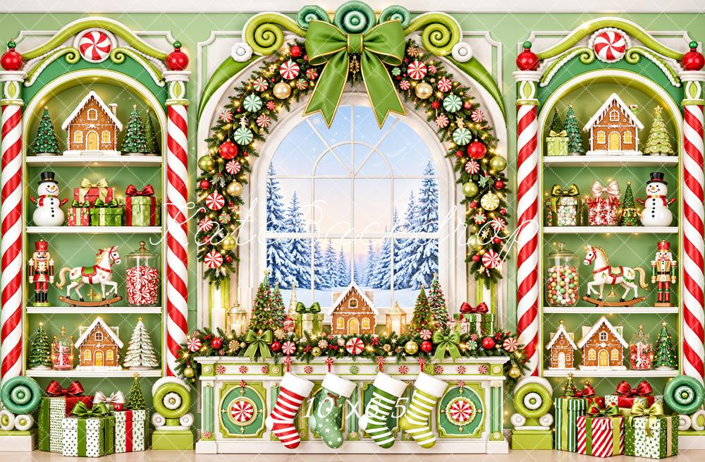 Kate Christmas Fantasy Toys Room Green Gingerbread Candy Cane Window Printed Backdrop Designed by Emetselch