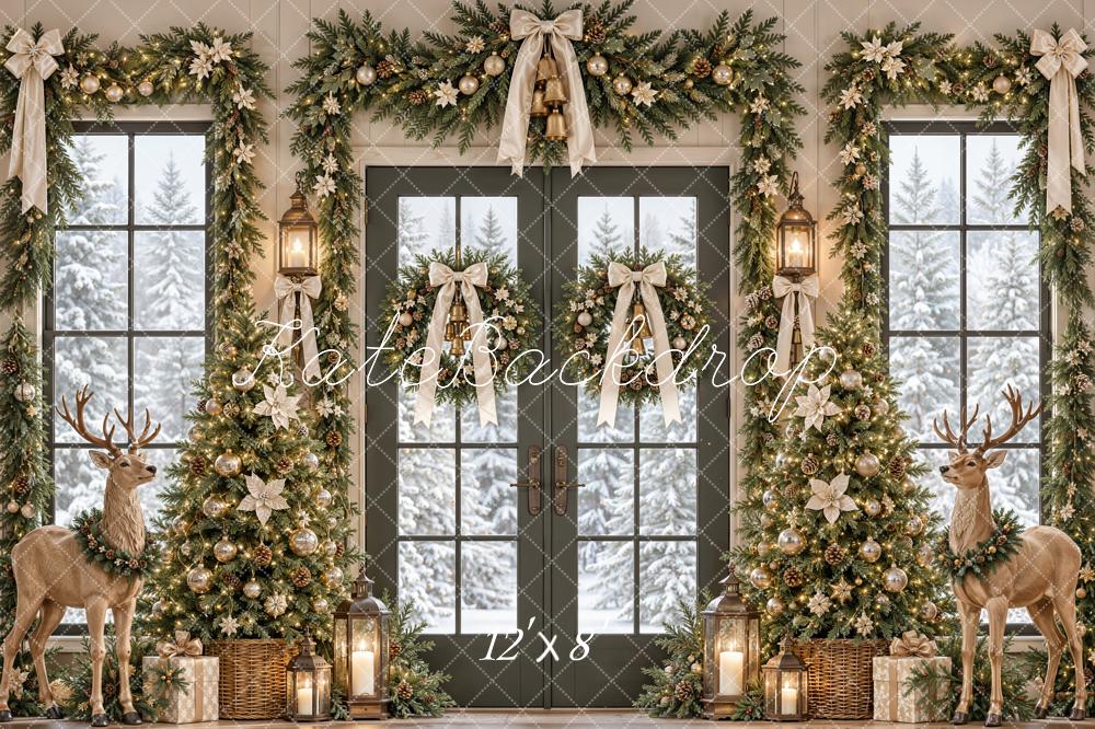 Kate Christmas Tree Garland Deer French Door Snow Printed Backdrop Designed by Emetselch