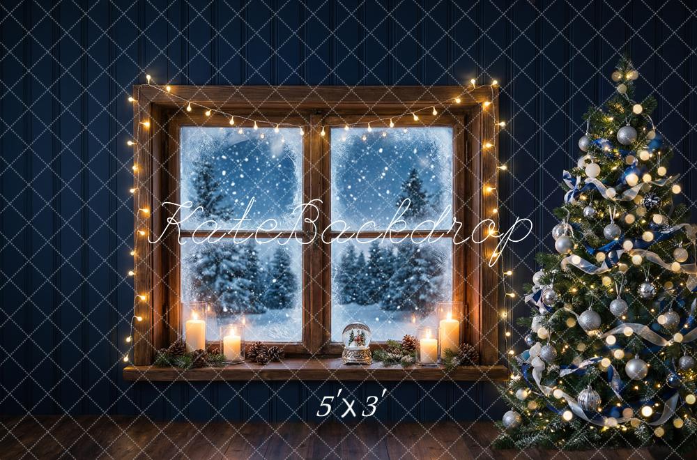 Kate Christmas Window Tree Snowy Night Printed Backdrop Designed by Happy Squirrel Design