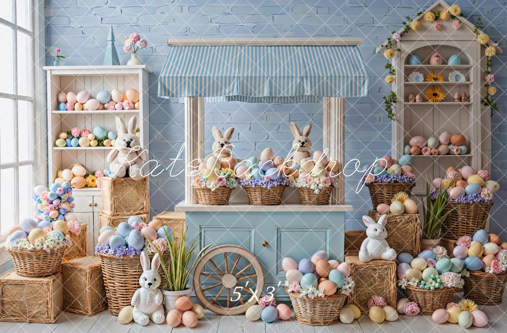 Kate Easter Bunny Pastel Eggs Blue Market Stand Backdrop Designed by Emetselch