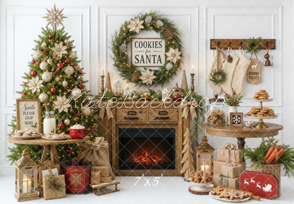 Kate Christmas Tree Fireplace Cookies Santa Wreath Table Printed Backdrop Designed by Mini MakeBelieve