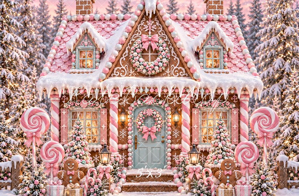 Kate Christmas Pink Gingerbread House Candy Cane Snowy Printed Backdrop Designed by Ashley Paul