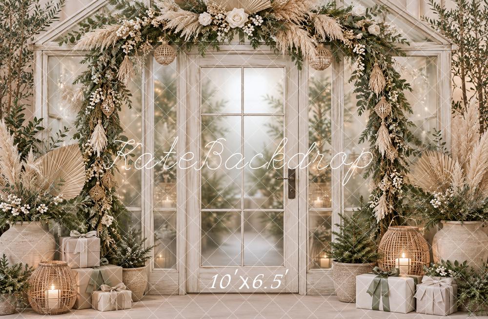 Kate Christmas Boho Greenery Arch Glass Door Gifts Printed Backdrop Designed by Vertigo Productions