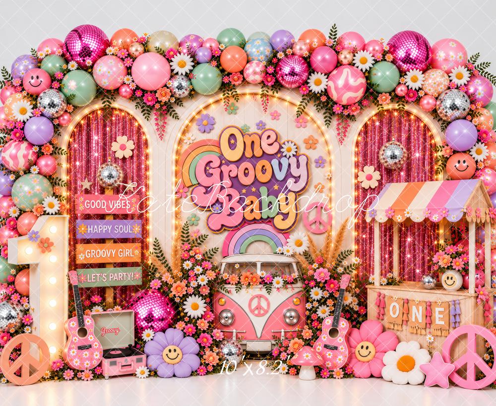 Kate 1st Birthday Groovy Baby Balloon Arch Camper Van Pink Printed Backdrop Designed by Ashley Paul