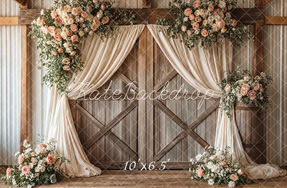 Kate Spring Romantic Flower Arch Barn Doors Cream Drapes Printed Backdrop Designed by Emetselch