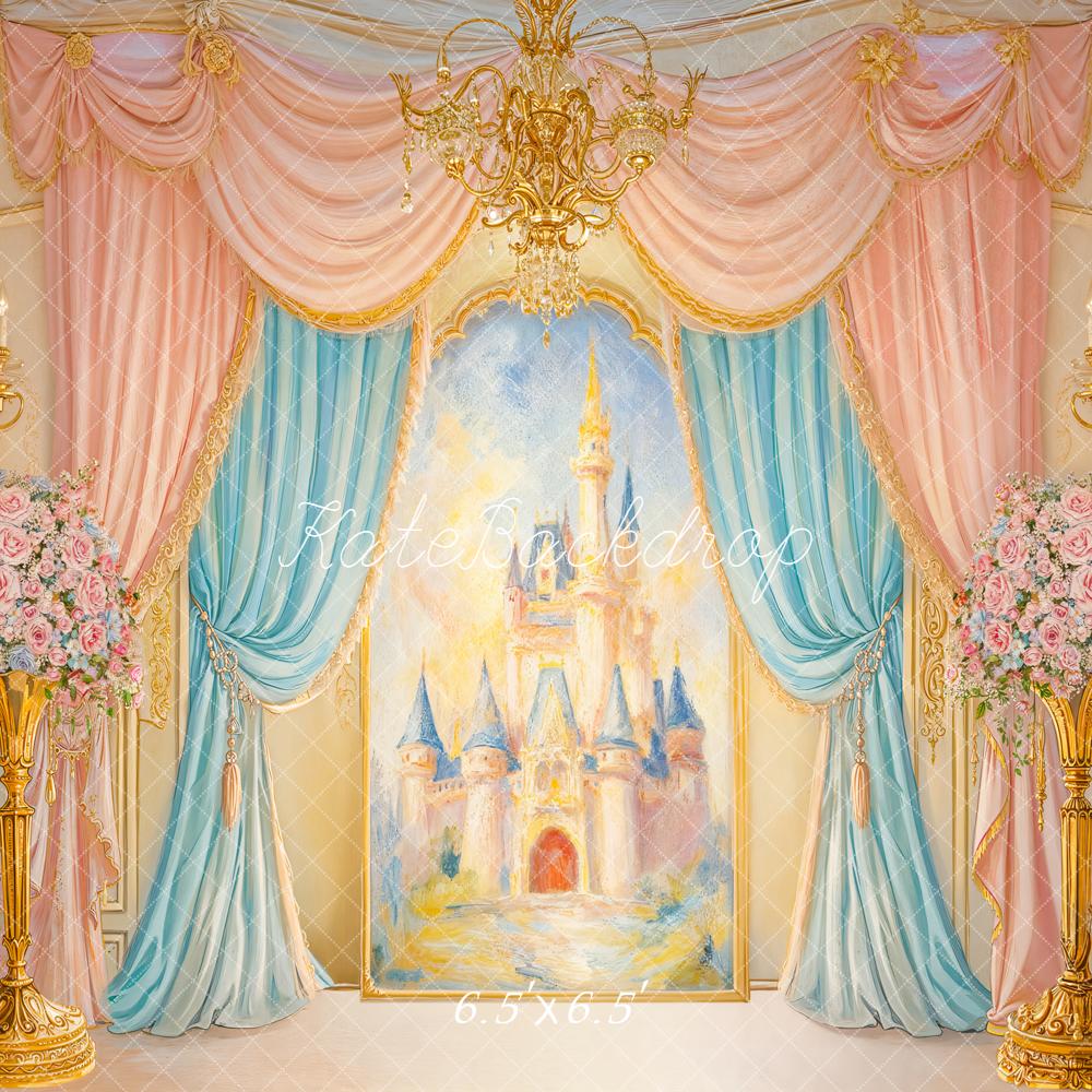 Kate Cake Smash Fairy Fantasy Castle Gold Chandelier Pink Blue Drapes Backdrop Designed by GQ