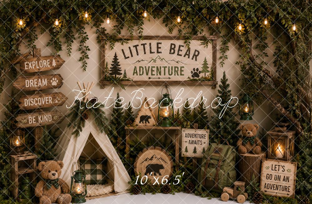 Kate Kids Birthday Forest Adventure Camping Teepee Bear Printed Backdrop Designed by Ashley Paul