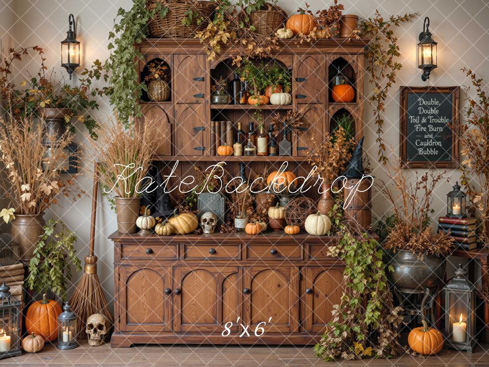 Kate Halloween Witches Hutch Gothic Cabinet Pumpkins Cauldron Printed Backdrop Designed by Mini MakeBelieve
