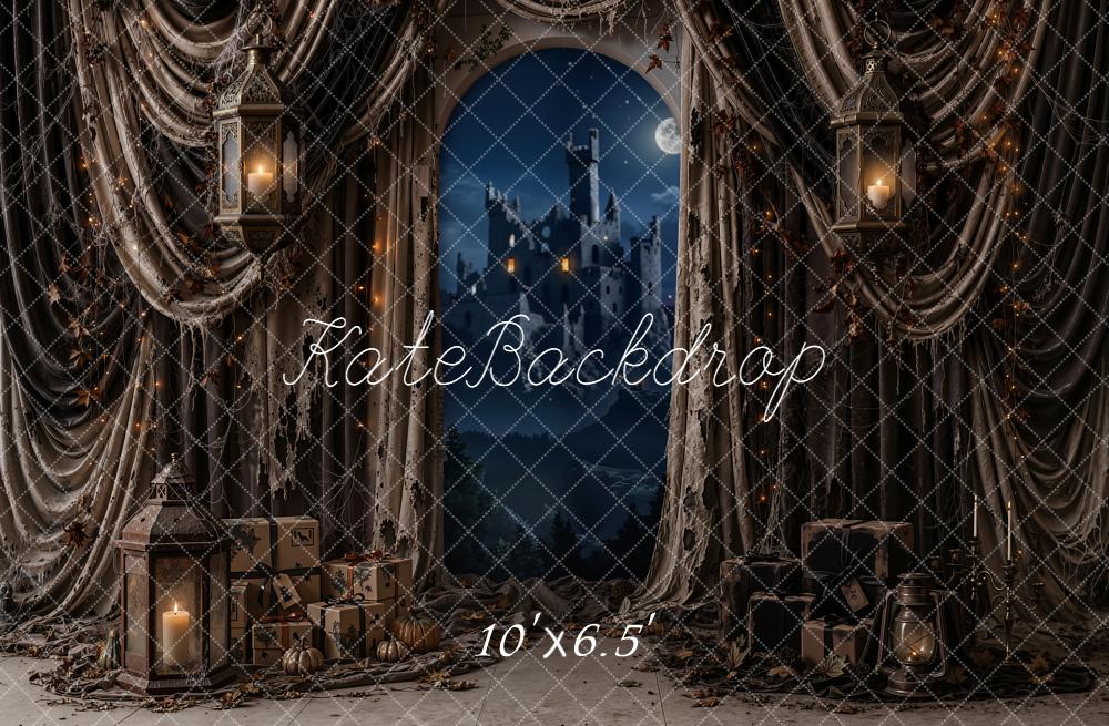Kate Halloween Spooky Castle Moon Lanterns Shabby Draped Curtains Printed Backdrop Designed by Emetselch