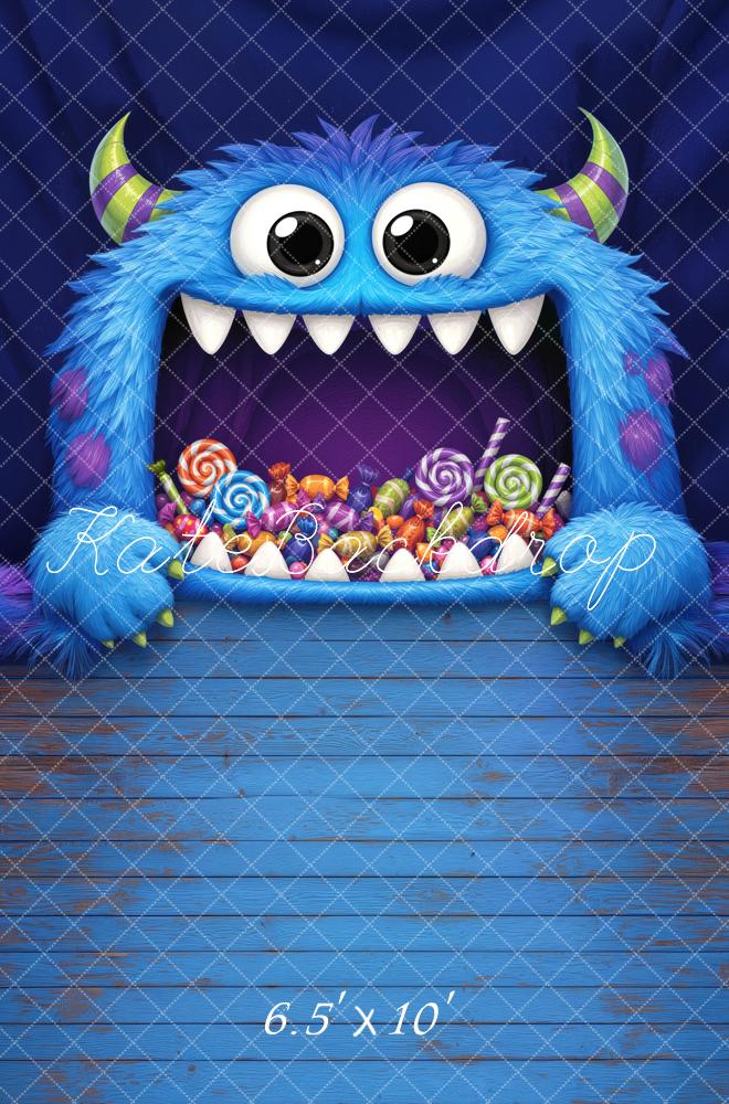 Kate Halloween Trunk or Treat Blue Furry Monster Candy Printed Backdrop Designed by Mini MakeBelieve
