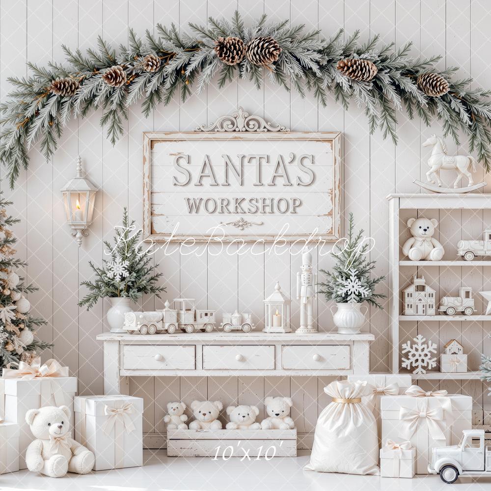 Kate Christmas Santa's Workshop White Pine Tree Toys Gift Boxes Printed Backdrop Designed by Mini MakeBelieve