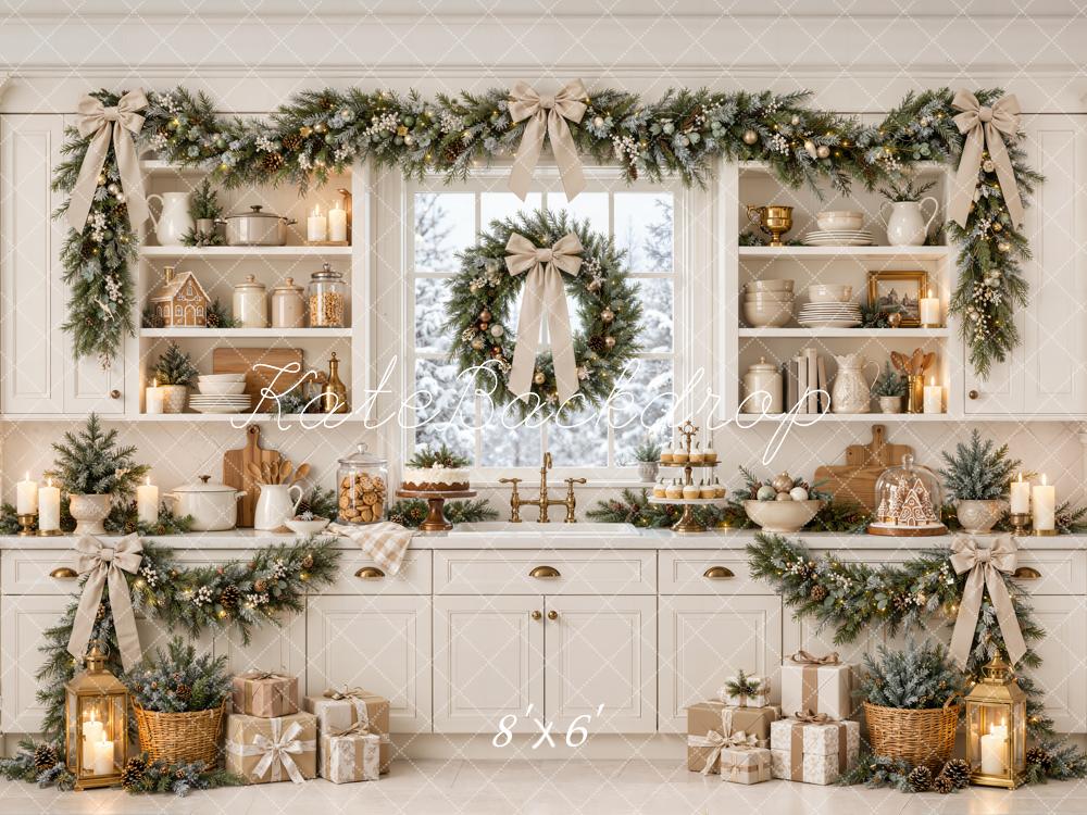 Kate Christmas Kitchen Cream Garland Bows Window Printed Backdrop Designed by Emetselch