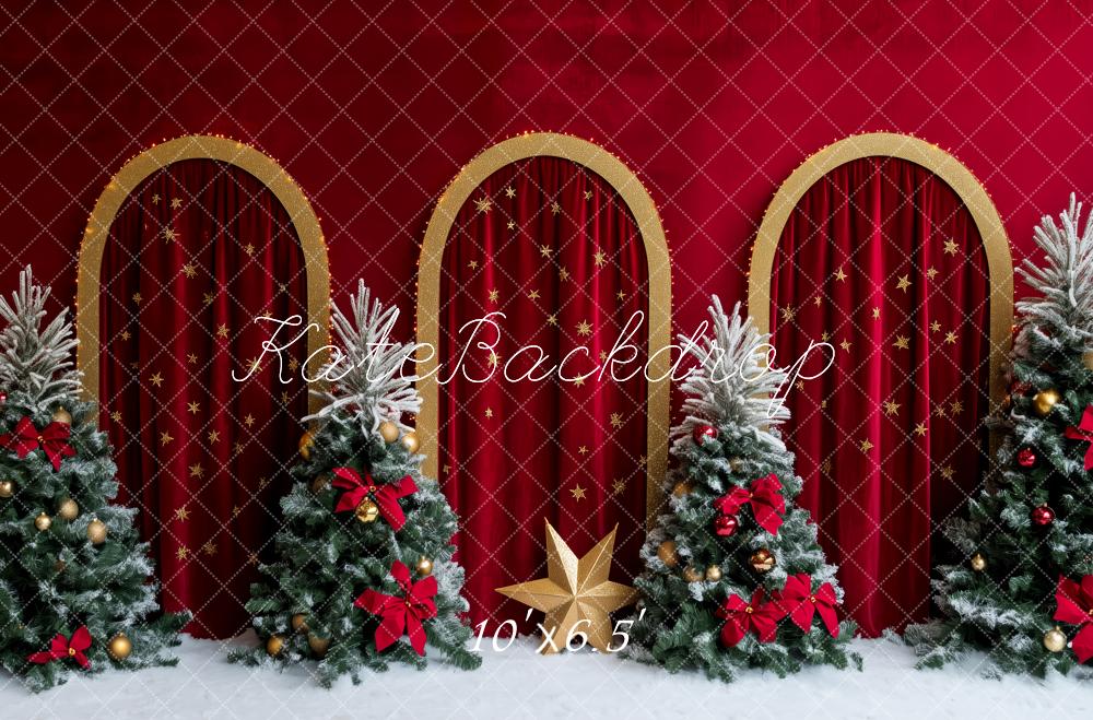 Kate Christmas Red Gold Arch Snowy Trees Bow Backdrop Designed by Patty Roberts