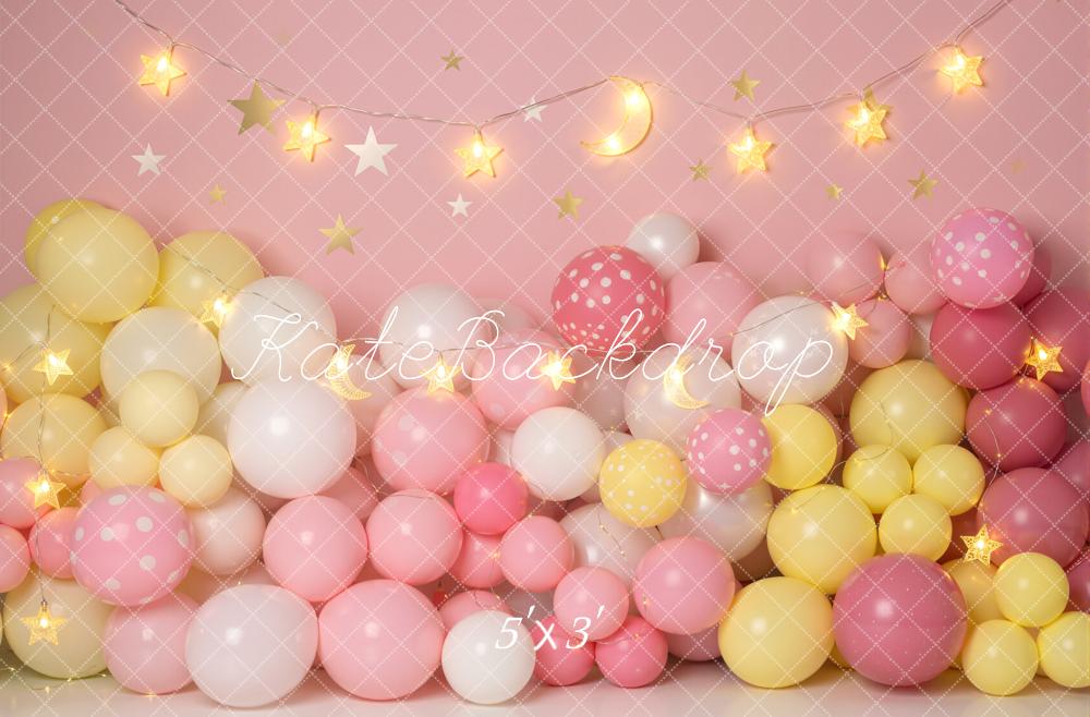Kate Cake Smash Pink Balloon Wall With Star String Lights Printed Backdrop Designed by Emetselch