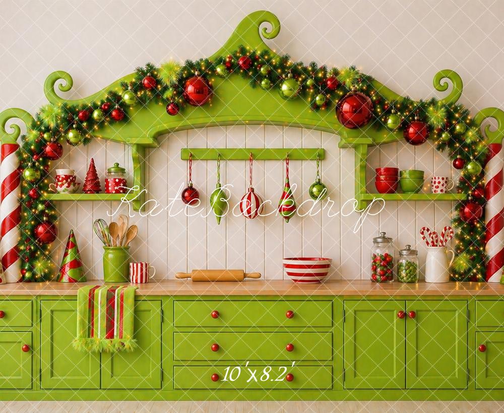 Kate Christmas Whimsical Green Kitchen Cabinet Garland Ornaments Printed Backdrop Designed by Caitlin Lynch