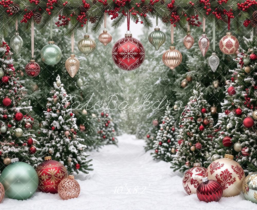 Kate Christmas Snowy Trees Ornament Garland Winter wonderland Printed Backdrop Designed by Angela Miller