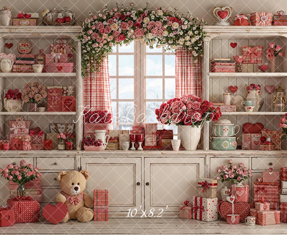 Kate Valentine's Day White Shelf Red Gift Flowers Window Backdrop Designed by Emetselch