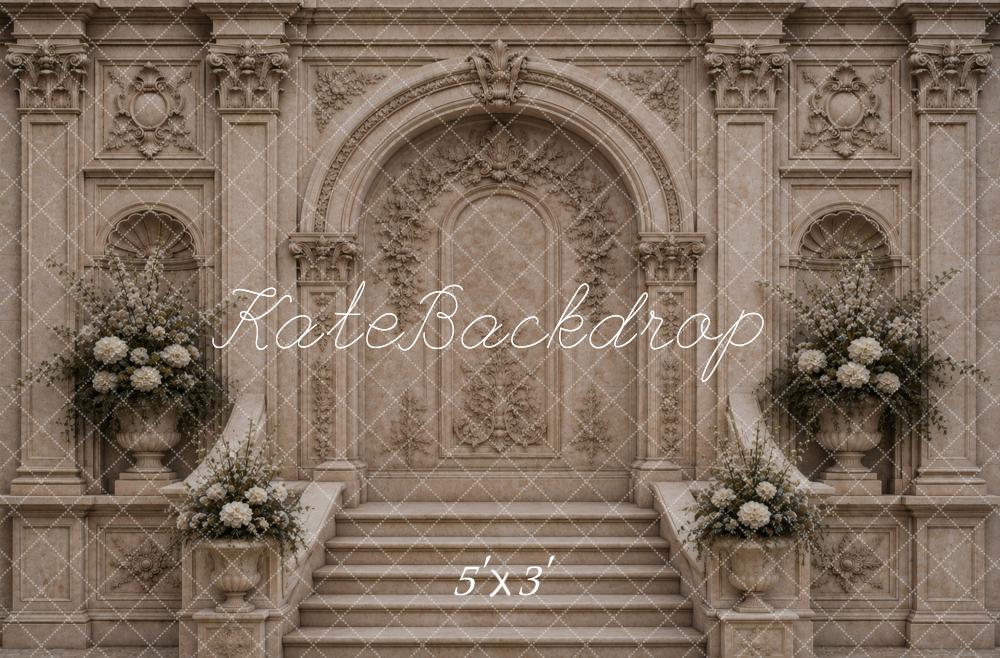 Kate Retro Architecture Cascading Stairs Beige Arch Floral Printed Backdrop Designed by Vertigo Productions