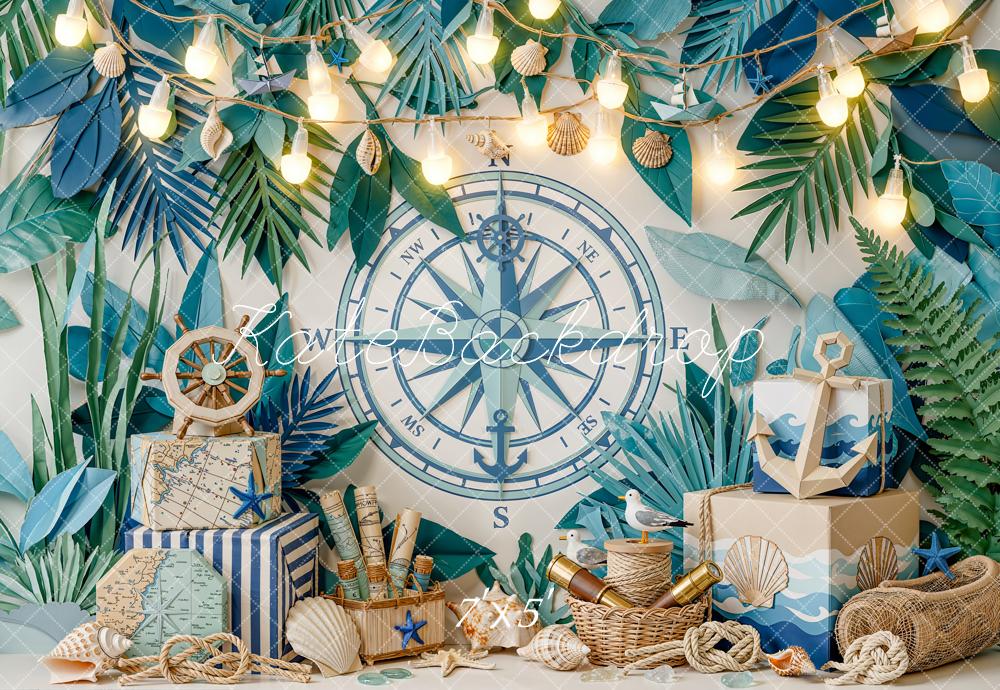 Kate Summer Nautical Compass Anchor Tropical Leaves Printed Backdrop Designed by Emetselch