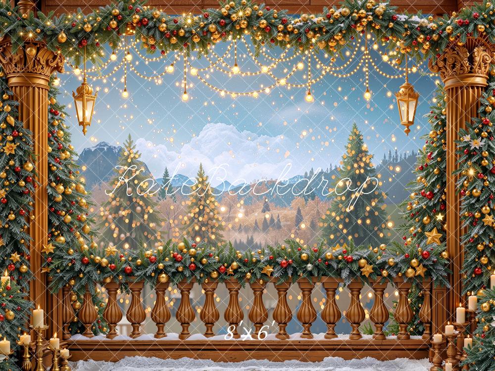 Kate Christmas Garland Columns Mountain Balcony String Lights Printed Backdrop Designed by Mini MakeBelieve