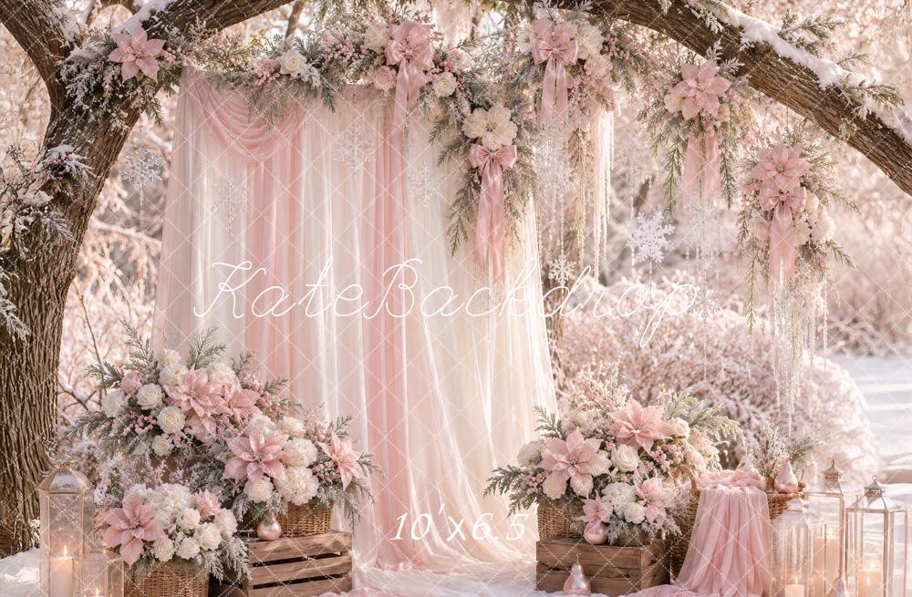 Kate Winter Pink Flower Branch Arch Snowy Outdoor Printed Backdrop Designed by Ashley Paul
