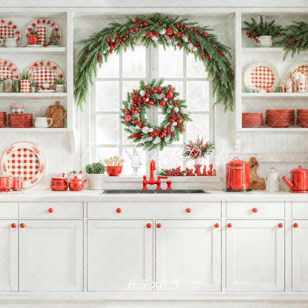 Kate Christmas Kitchen Red Plaid Dishes Garland Wreath Window Backdrop Designed by Emetselch