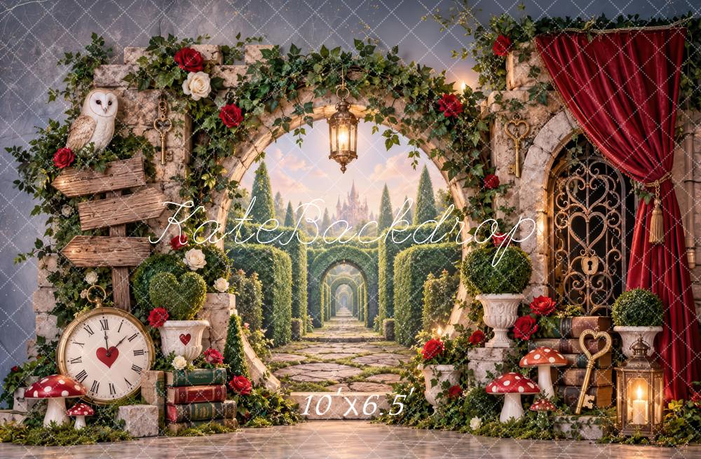 Kate Fantasy Garden Magical Labyrinth Stone Arch Red Curtain Printed Backdrop Designed by Laura Bybee