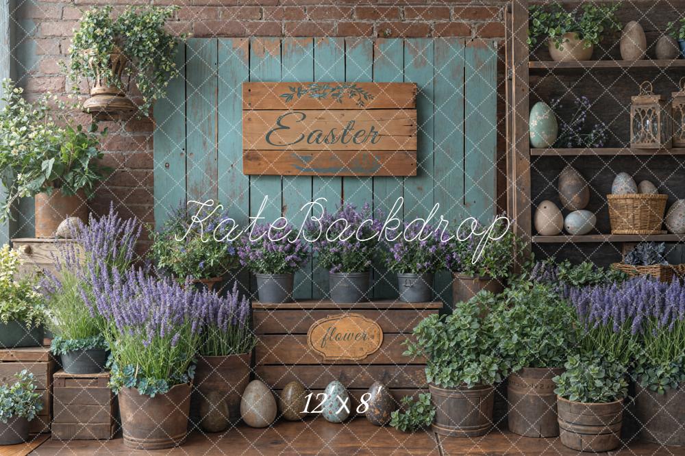 Kate Easter Rustic Eggs Lavender Flowers Wood Shelves Backdrop Designed by Emetselch