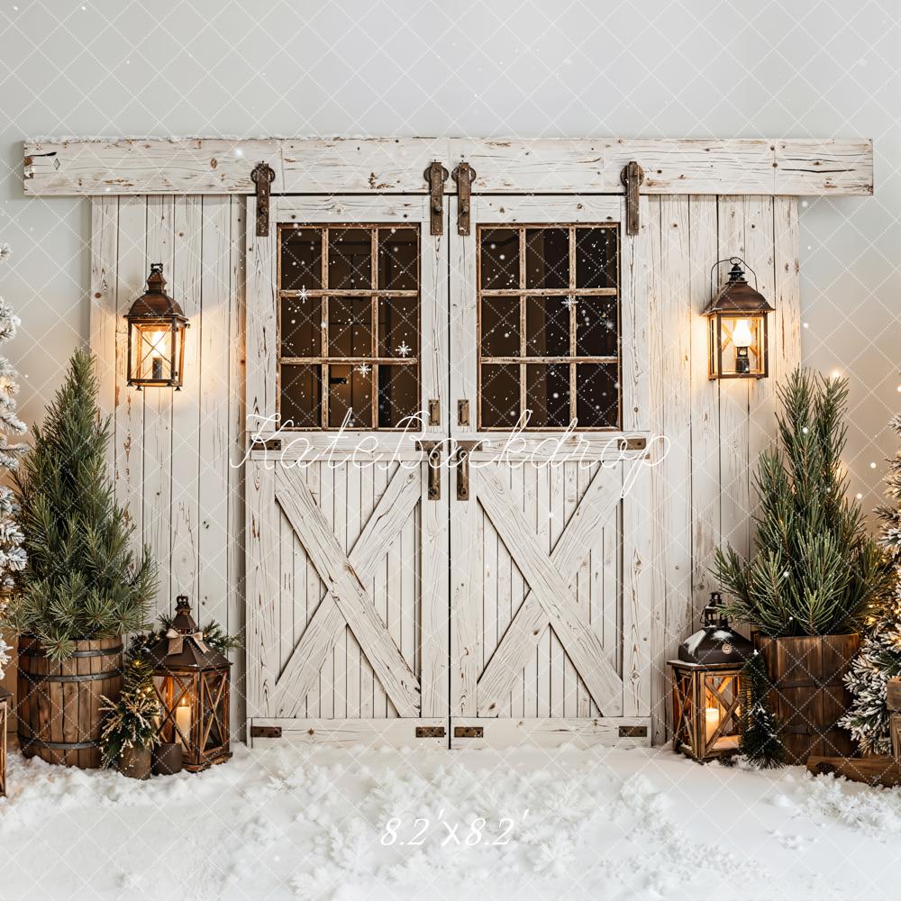 Kate Christmas Barn Door Lanterns Snowy Trees White Backdrop Designed by Emetselch