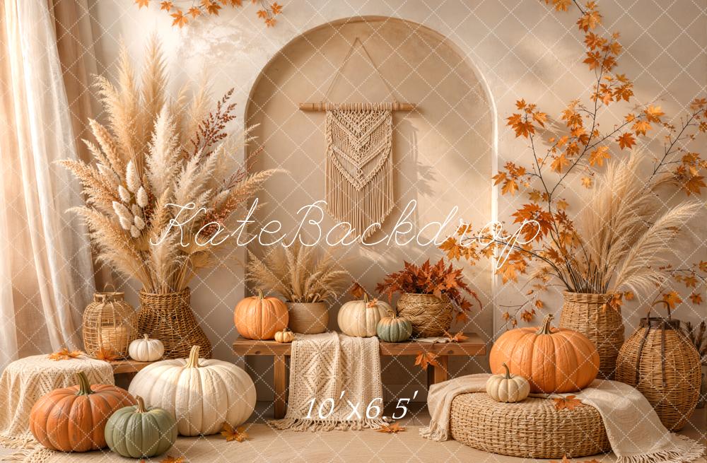 Kate Fall Boho Pumpkin Pampas Grass Arch Cozy Wicker Printed Backdrop Designed by Emetselch