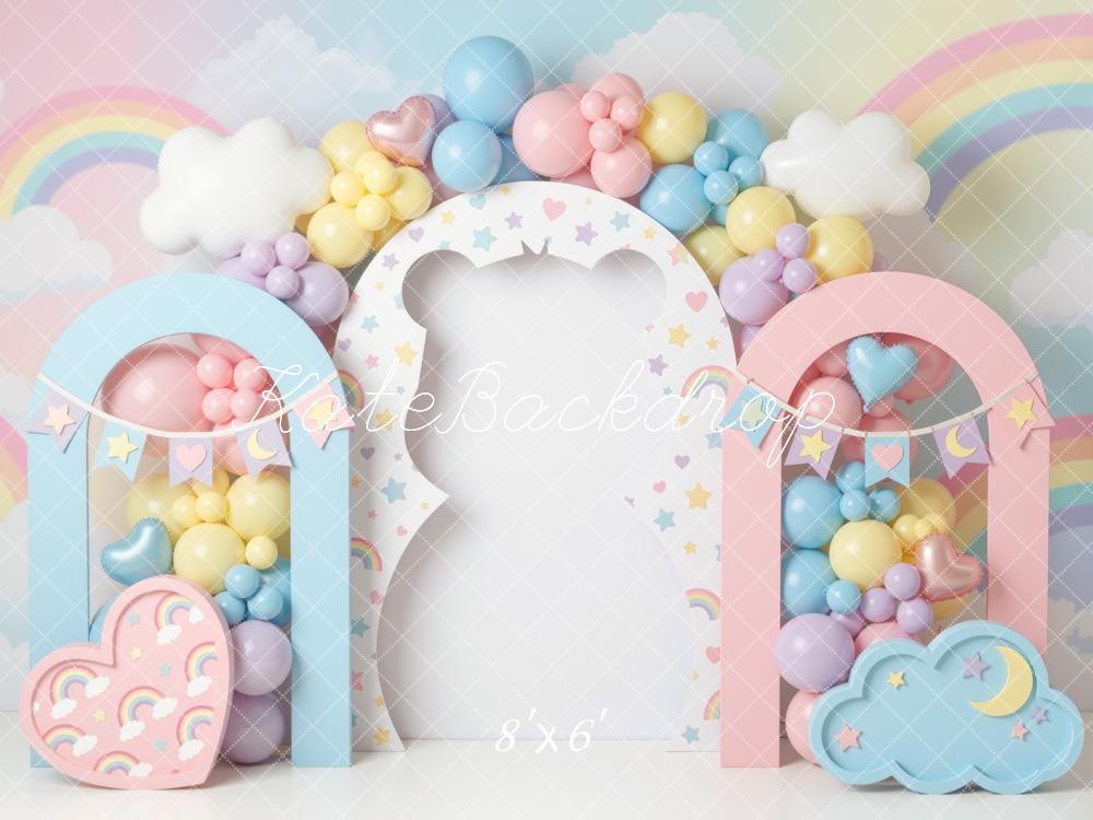 Kate Cake Smash Pastel Rainbow Balloon Heart Cloud Arches Printed Backdrop Designed by Mini MakeBelieve