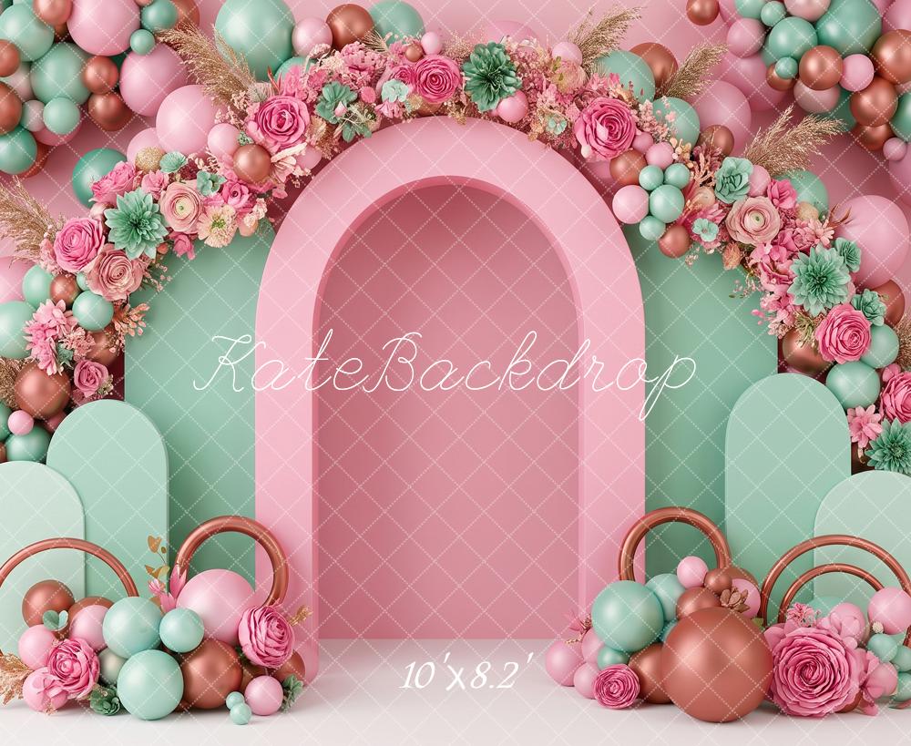 Kate Cake Smash Flower Arch Pink Mint Balloons Printed Backdrop Designed by Angela Miller