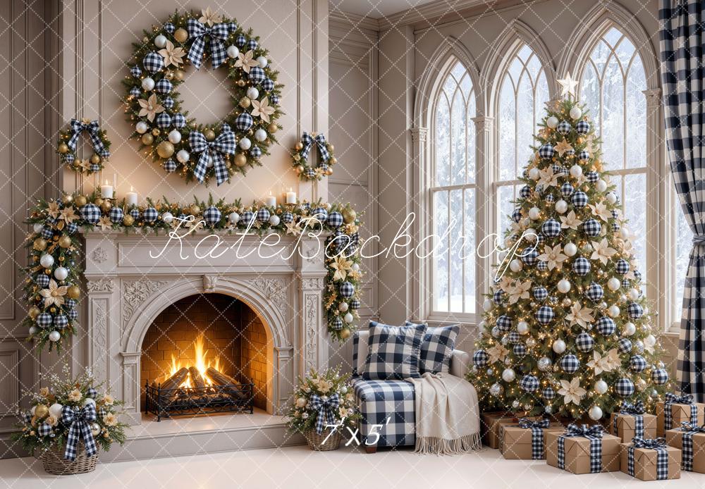 Kate Christmas Fireplace Plaid Wreath Tree Window Printed Backdrop Designed by Mini MakeBelieve