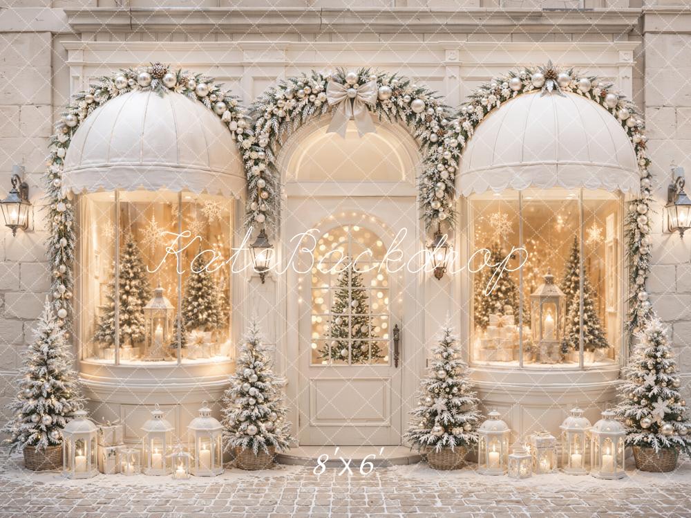 Kate Christmas Shop Arched Window Garland Snowy Trees Printed Backdrop Designed by Emetselch